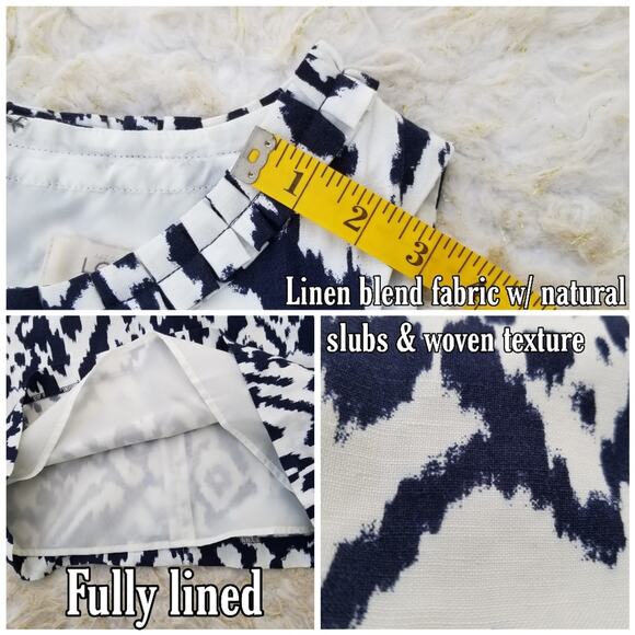 Linen Ikat Print Dress Ann Taylor LOFT Sz 0 Navy White Sleeveless Ruffle Collar - Picture 7 of 9